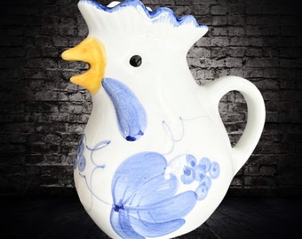 Blue and white vintage 1980s cottage core rooster creamer or small milk jug made in Italy