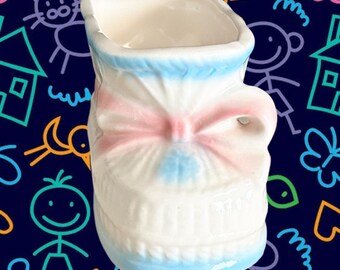 Rubens Originals Japan vintage 1960s kitsch glazed pink, blue and white small ceramic baby boot planter, gift idea