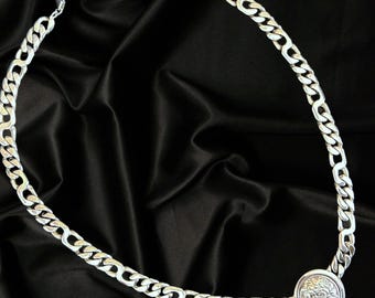 Vintage Sterling Silver Figaro Necklace: Engraved Alexander Medallion, 1990s