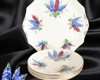 Hammersley & Co vintage 1930s Delphinium fine bone china serving platter with 4 side plates, Longton Stoke on Trent England