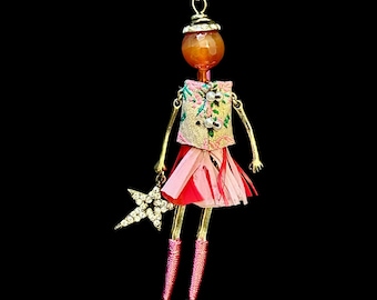 French Doll vintage star necklace on long chain, made in Paris