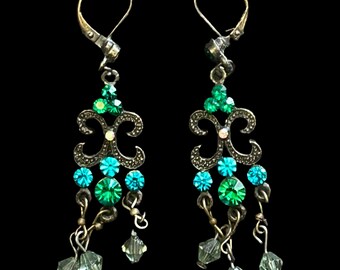 Art Nouveau style vintage 1990s blue and green stone drop earrings