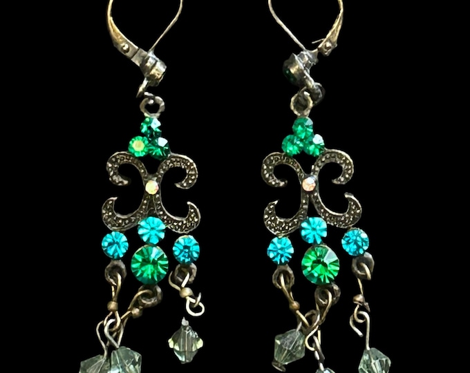 Featured listing image: Art Nouveau style vintage 1990s blue and green stone drop earrings