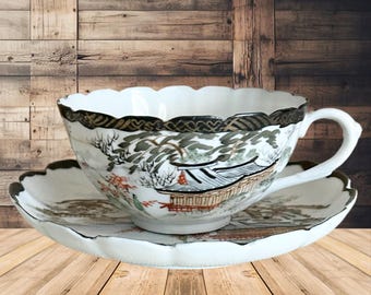 Japanese vintage 1940s eggshell porcelain Imari cup and saucer duo