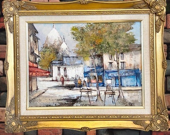 Original framed oil painting vintage 1970s Parisian street scene featuring La Boheme and Au Clairon Des Chasseurs, signed by artist Forty