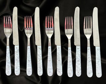 Mid century German Solingen pearl handle knife and fork set Tiefenwelle Rostfrei Edelstahl