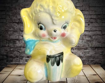 Japanese vintage 1960s kitsch yellow ceramic lamb playing bongo drum small 9cm figurine
