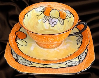 Victoria China Czechoslovakia vintage 1930s Art Deco teacup saucer and side plate trio