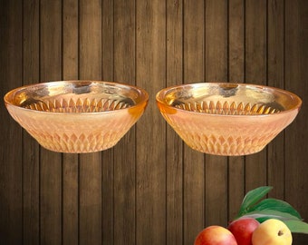 Jeanette Glass iridescent peach lusterware carnival glass small dessert bowls vintage 1950s