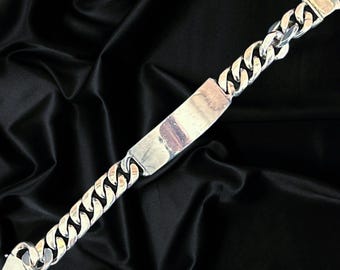 925 solid sterling silver heavy duty curb link men's identification bracelet: vintage 1990s