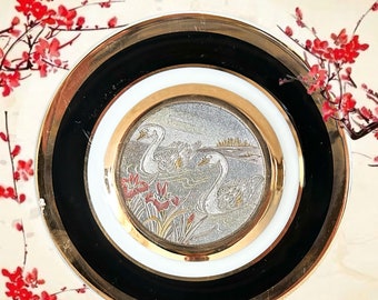 The Art of Chokin vintage 1980s Japanese porcelain 24k gold mini plate swans on lake