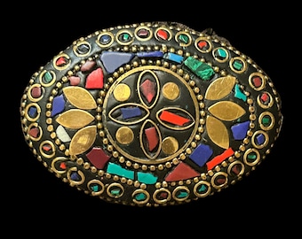 Tibetan inlaid brass vintage 1990s upcycled brooch