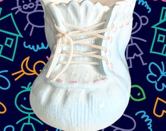 Grizelle style Japanese vintage 1960s kitsch glazed blue small ceramic baby boot planter with shoelace, gift idea