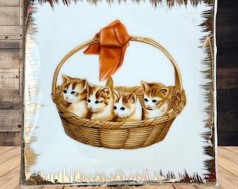 Japanese kitsch vintage 1960s cats in basket square gilt edged pin dish