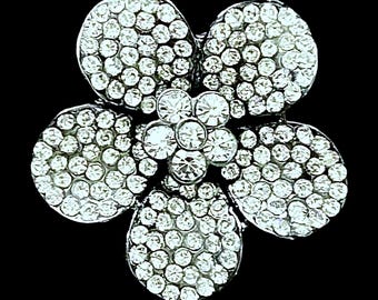Upcycled vintage 1980s dark shiny pewter finish flower brooch set with sparkling diamantes