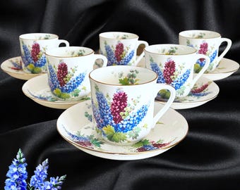 Hammersley & Co vintage 1930s Delphinium fine bone china set of 6 demitasse tea cup and saucer duos, Longton Stoke on Trent England