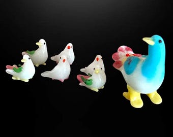 Lampwork milk glass set 7 miniature glass ducks mother 6 ducklings vintage 1980s