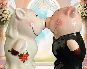 Vintage hand painted wedding day kissing pigs magnetic salt and pepper shakers