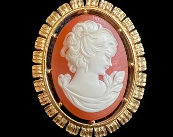 Victorian style faux cameo profile of young lady, vintage 1990s upcycled gold-tone brooch