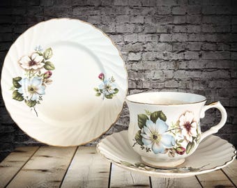 Old Foley James Kent Ltd Staffordshire England vintage 1950s floral tea cup saucer and side plate trio pattern 8134