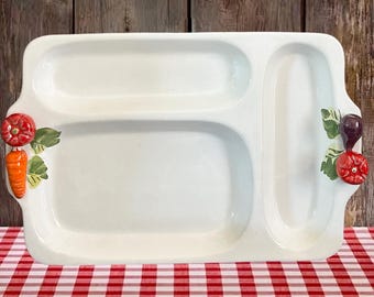 Italian glazed pottery divided serving dish vegetable accents vintage 1970s