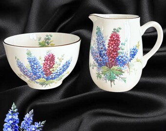 Hammersley & Co vintage 1930s Delphinium fine bone china creamer or milk jug and sugar bowl, Longton Stoke on Trent England
