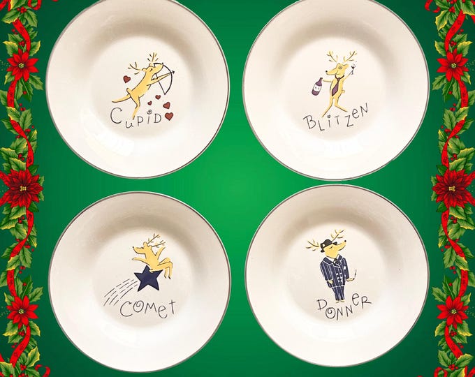 Featured listing image: Pottery Barn Christmas Reindeer Dessert Plates Cupid, Blitzen, Comet, Donner in original box