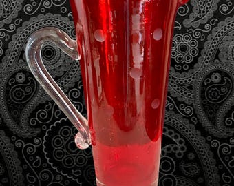 1960s vintage hand blown etched red glass jug, pitcher gift idea