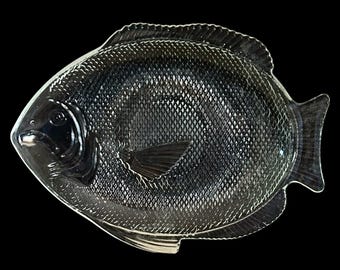 Clear glass vintage 1970s Poisson fish platter 40cm across retro serving dish, gift idea 3 available
