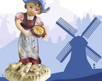 1980s vintage porcelain Hummel Goebel style figurine of Dutch girl feeding ducks
