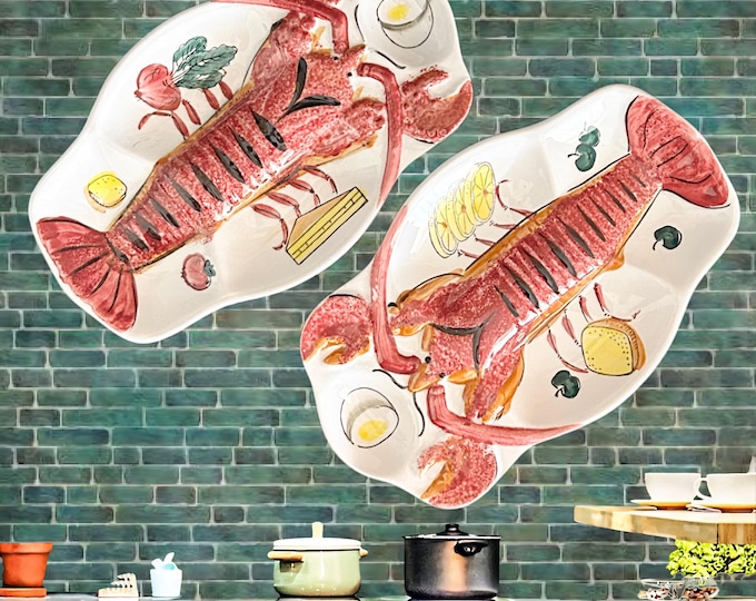 Featured listing image: Japanese vintage 1950s Ironstone Ware kitsch hand painted lobster crayfish serving plates