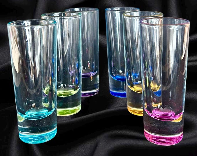 Featured listing image: Libbey Crisa vintage 1970s set of 6 harlequin rainbow heavy bottom 10cm shot glasses