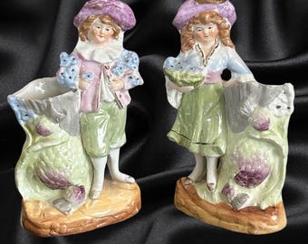 Antique pair glazed porcelain bud vase figurines imprint 3198 and 3199