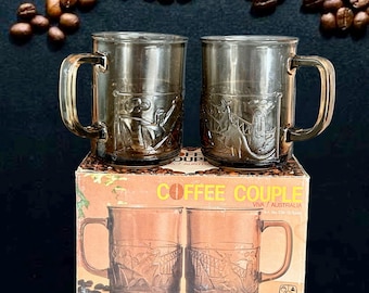 Coffee Couple Viva Australia pair of vintage 1980s glass coffee mugs in original box Australiana theme