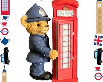 London bobby policeman bear at telephone box small resin figurine vintage 1990s