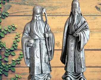 Pewter figurines God of Longevity and God of Happiness vintage 1960s