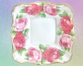 Royal Albert Old English Rose 1960s small square fluted edge pin dish, butter dish