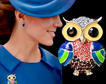 Vintage 1990s upcycled diamante and enamel sparkling small owl brooch