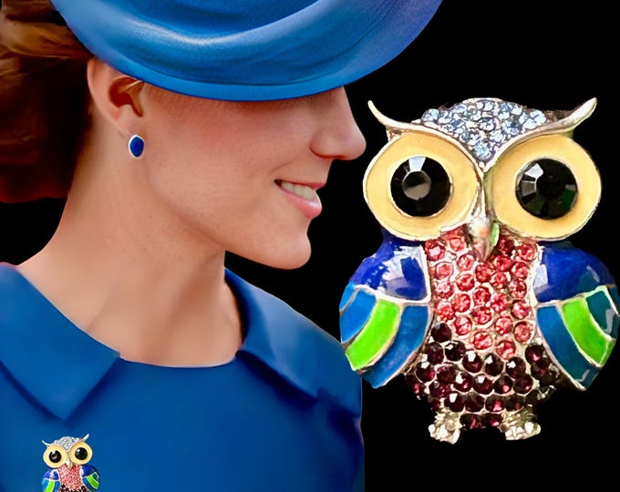 Featured listing image: Vintage 1990s upcycled diamante and enamel sparkling small owl brooch