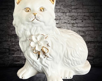 White ceramic porcelain large 25cm kitsch Persian cat figurine with gold detailing vintage 1970s