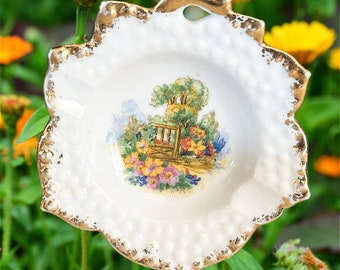 Saji Japanese fine bone china vintage 1960s small ashtray with cottage garden theme