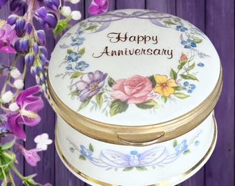 Falcon China Staffordshire England vintage 1980s ‘Happy Anniversary’ hinged porcelain ring box