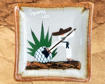 Cozumel Mexico vintage mini square handpainted terracotta souvenir plate