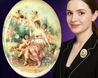 Upcycled vintage 1980s oval porcelain Angel with Nymphs brooch