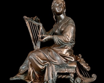 Miranda the Harpist Ansonia 1894 cold painted spelter clock topper figurine