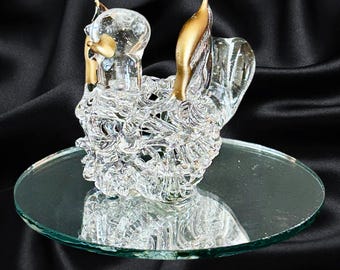 Handblown spun glass vintage 1960s small bird figurine 24k gold plating on mirror base