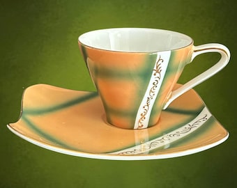 MCM 1960s Japanese fine china tennis cup and saucer duo, ombre green and gold