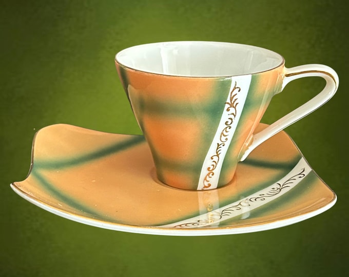 Featured listing image: MCM 1960s Japanese fine china tennis cup and saucer duo, ombre green and gold