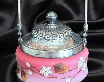 Victorian era 1890s pink satin glass candy sweets trinket bowl with handle and lid
