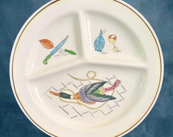 Kitsch Japanese vintage 1960s round ceramic divided party serving dish